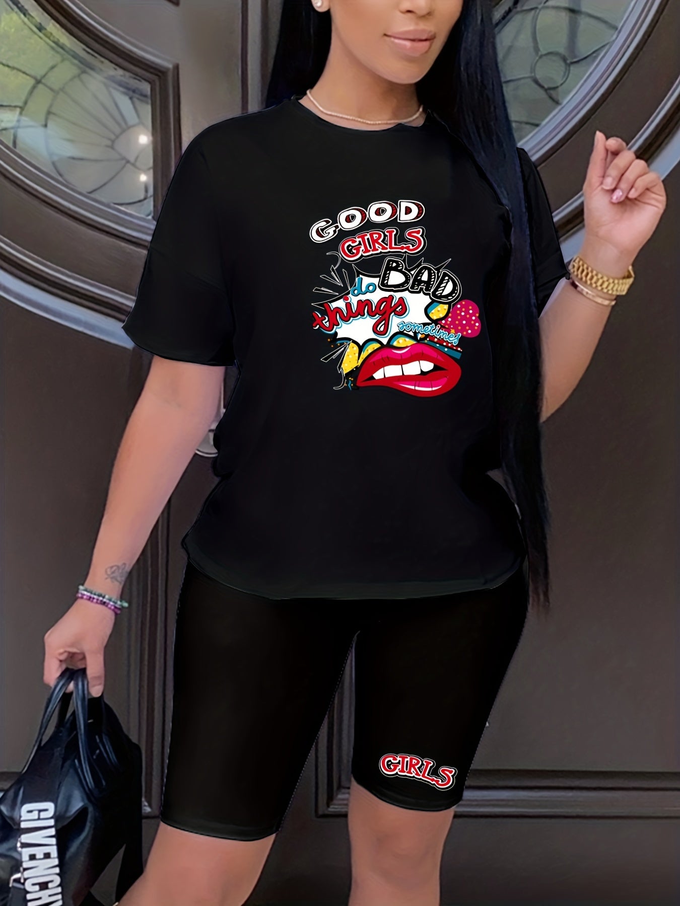 Graphic Print Two Piece Set Casual T shirt & Shorts Outfit