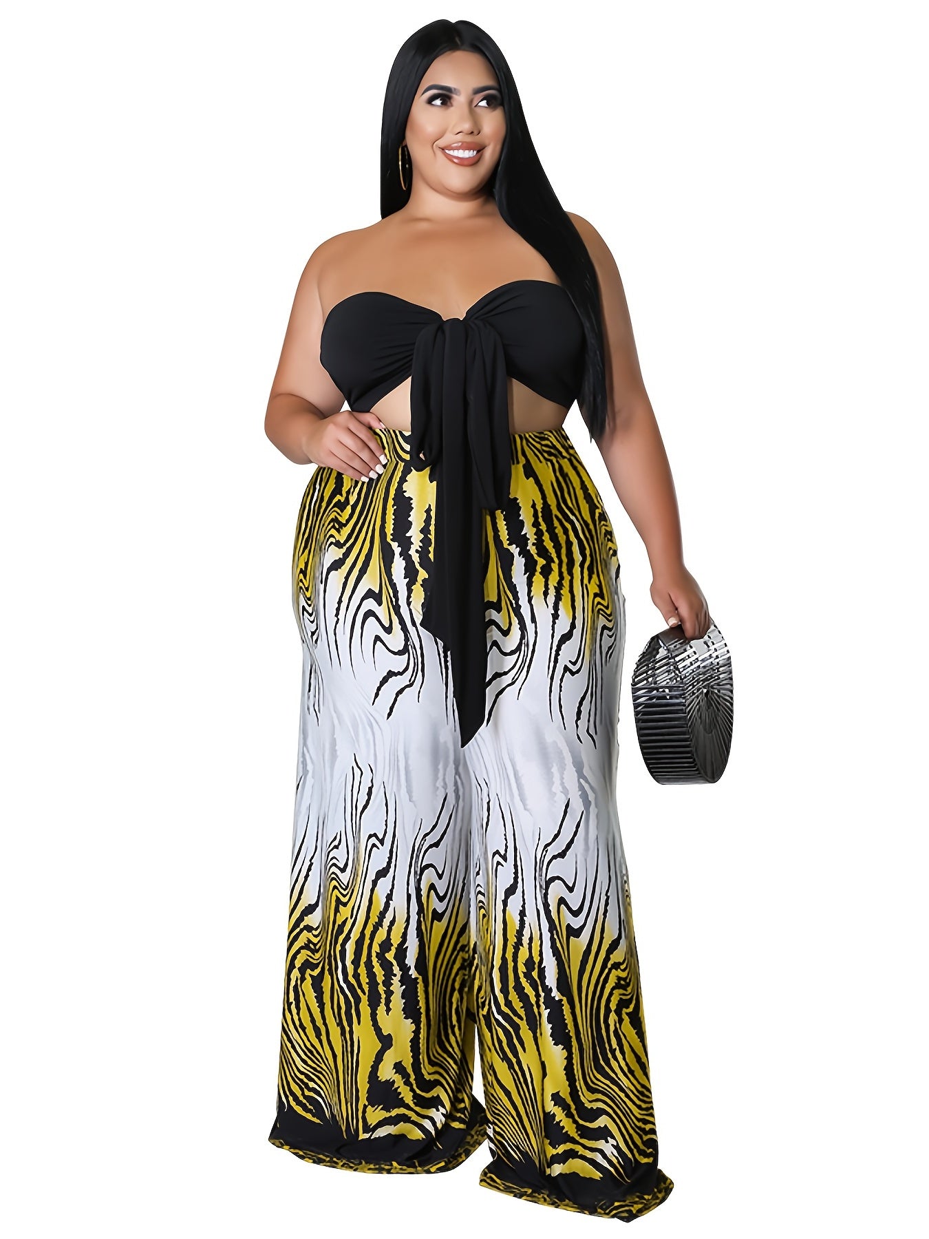 Knot Front Graphic Strapless Top & Pants Set