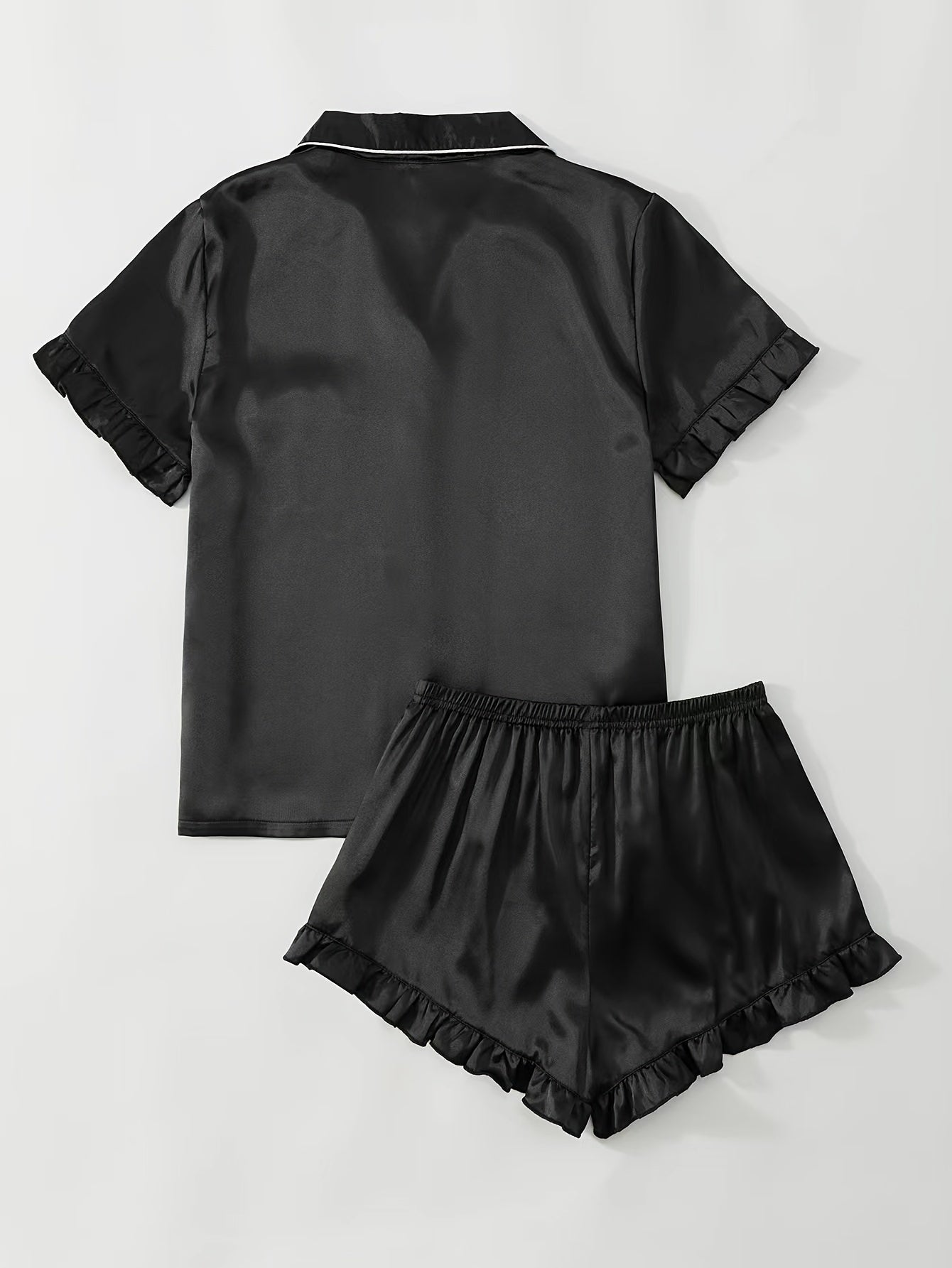 Satin Pajama Set Short Sleeve Top & Ruffle Shorts