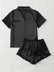 Satin Pajama Set Short Sleeve Top & Ruffle Shorts