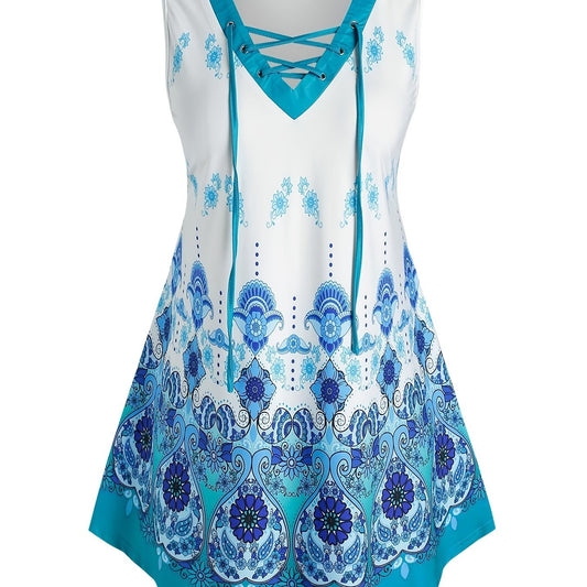 Paisley Print Criss Cross Tank Top High Stretch Plus Size Tank