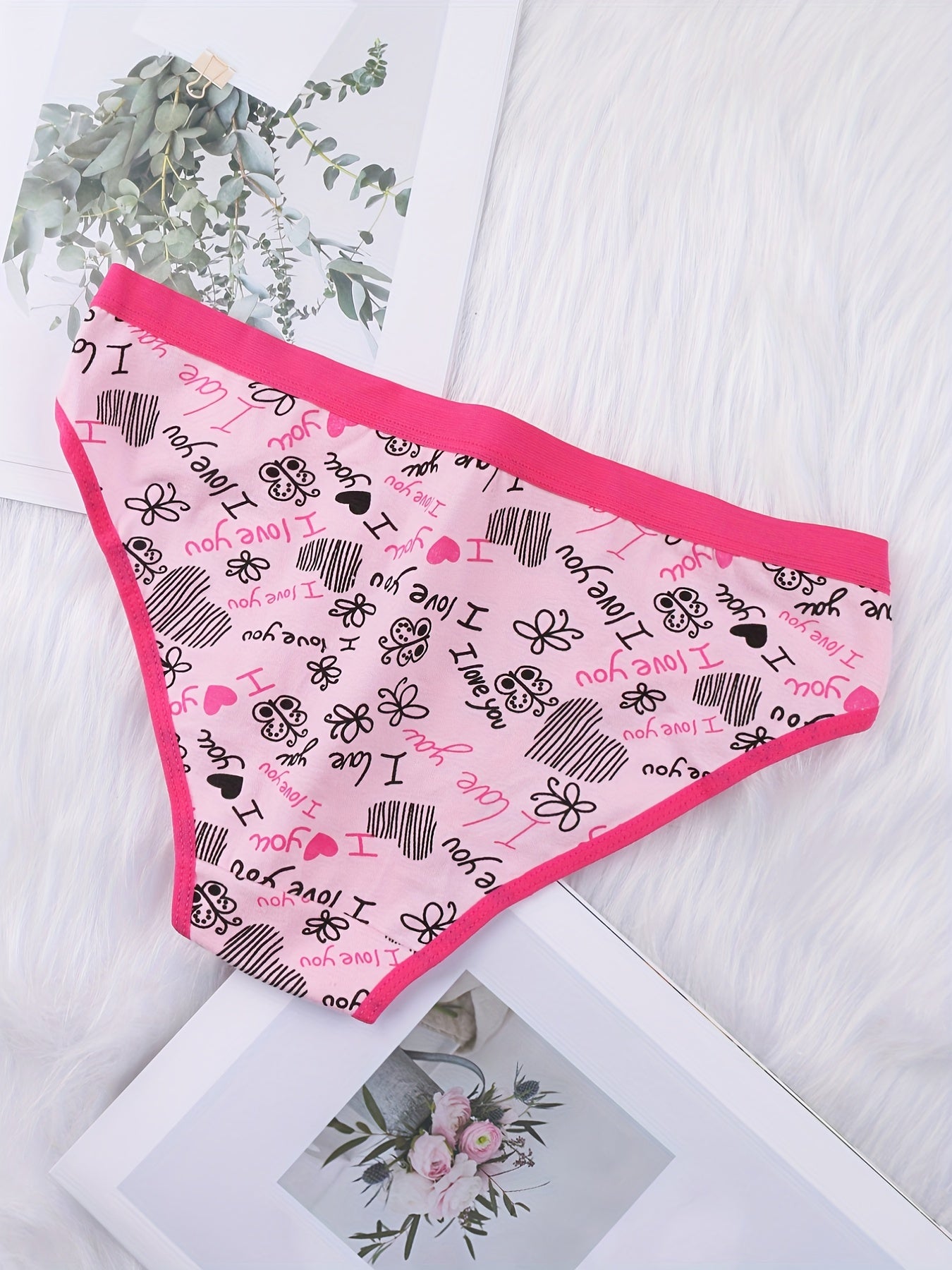 6 Pack Plus Size Panties Set Women's Plus Butterfly & Heart Print Briefs