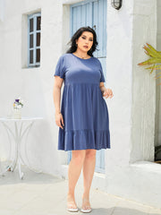 Plus Size Casual Dress Women's Plus Solid Short Sleeve Round Neck Smock Dress
