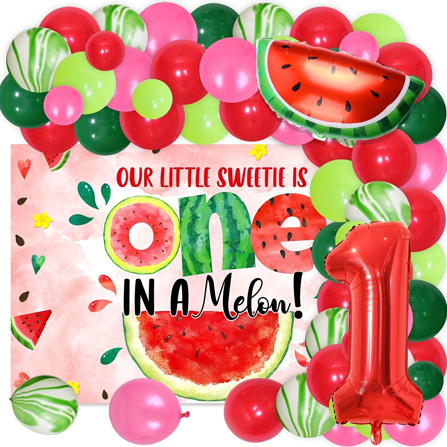 Watermelon Theme Birthday Decorations + Number 1 Foil Balloons