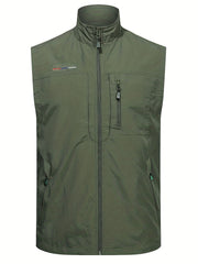 Men's Zipper Pockets Cargo Vest, Stand Collar Zip Up Vest
