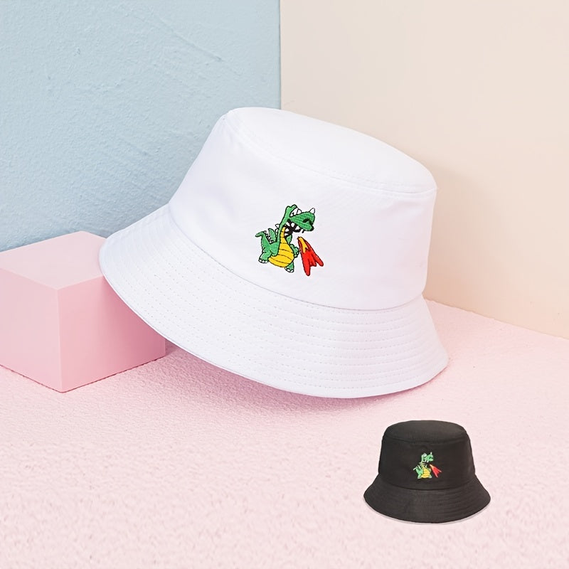Dinosaur Embroidery Bucket Hat Solid Casual Summer Sunscreen Fisherman Cap