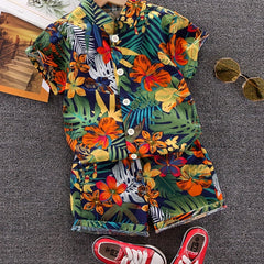 Boys Leaf & Flower Print Outfit Shirt & Shorts Kids Summer Clothes Sets
