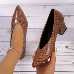 Women's Snakeskin Chunky Heel Shoes Point Toe Dress Pumps