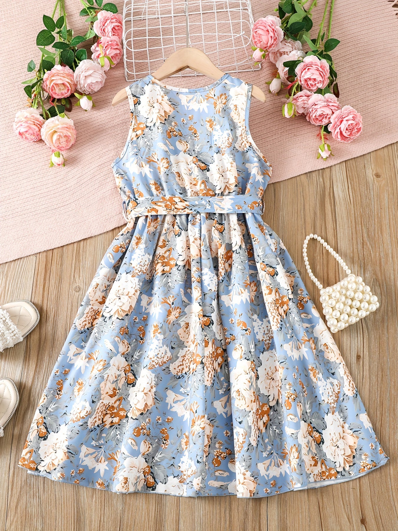 Toddler Girls Sleeveless Ruffle Trim Flowers Graphic Princess Dress