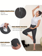 Sport Fitness Yoga Leggings With Pockets Solid Split 7 Point Pants