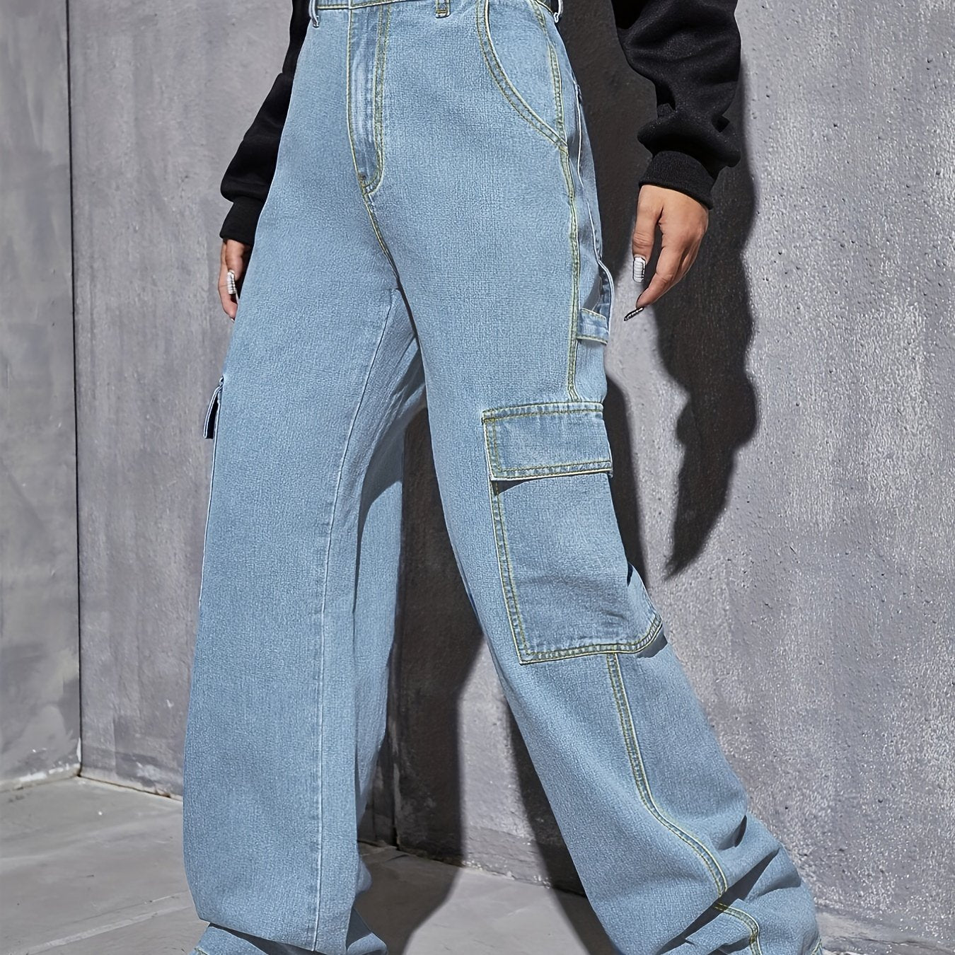 Y2K Style Baggy Cargo Pants Flap Pockets Denim Jeans