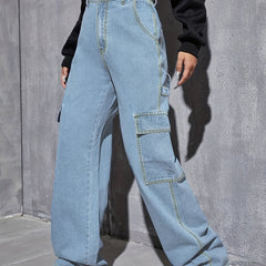 Y2K Style Baggy Cargo Pants Flap Pockets Denim Jeans