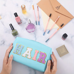 Preppy Patch Cosmetic Bag PU Leather Makeup Zipper Pouch