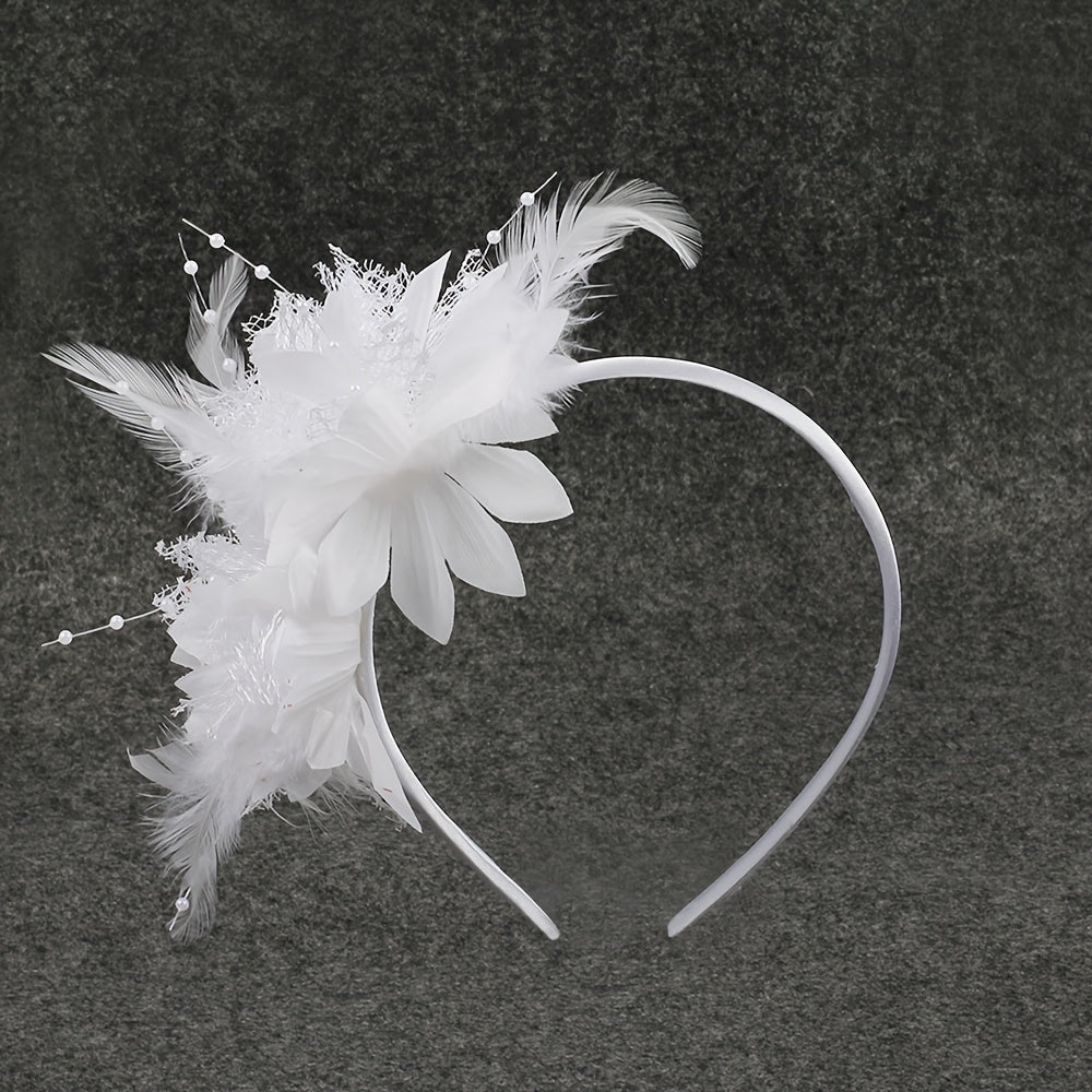 Vintage Bridal Headpiece with Feather Mesh Hairband & Beaded Flower Veil Clip