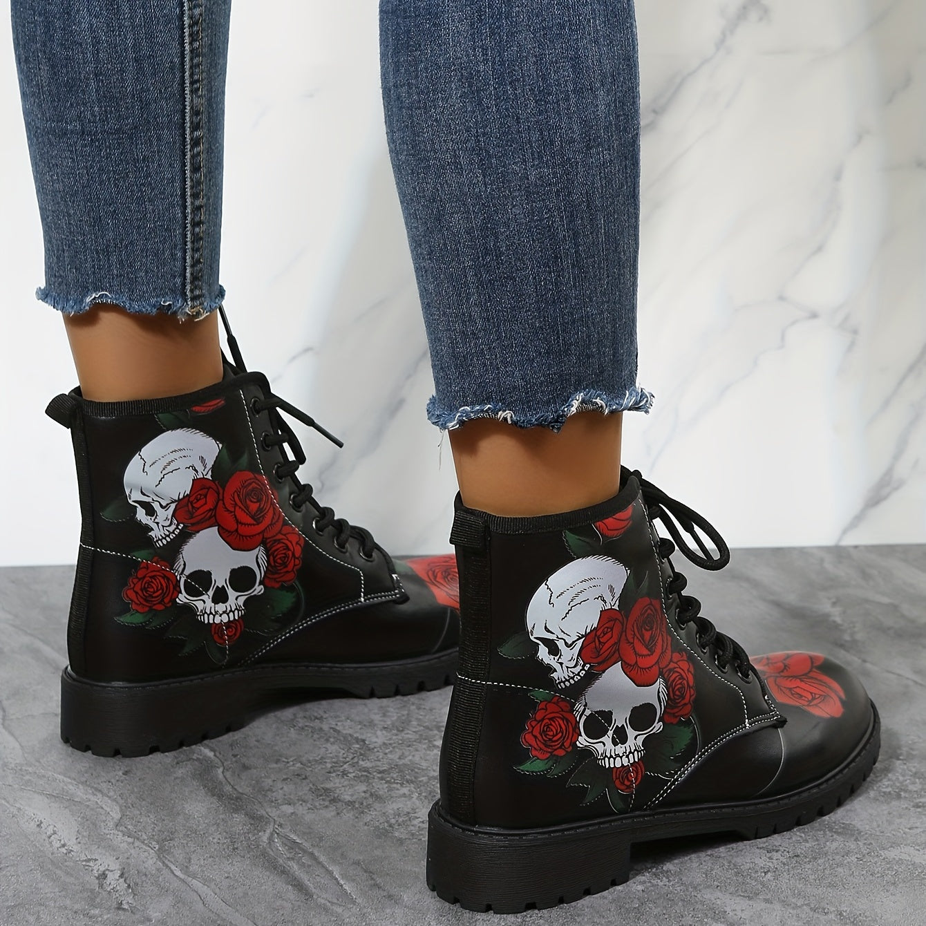 Women's Rose & Skull Print Short Boots Lace Up Ankle Boots
