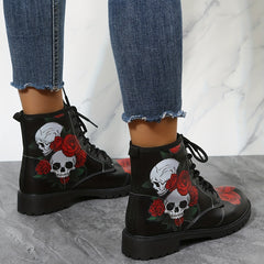 Women's Rose & Skull Print Short Boots Lace Up Ankle Boots