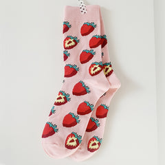 Sweet Pink Serie Socks Strawberry Pattern Crew Socks Women's Stockings