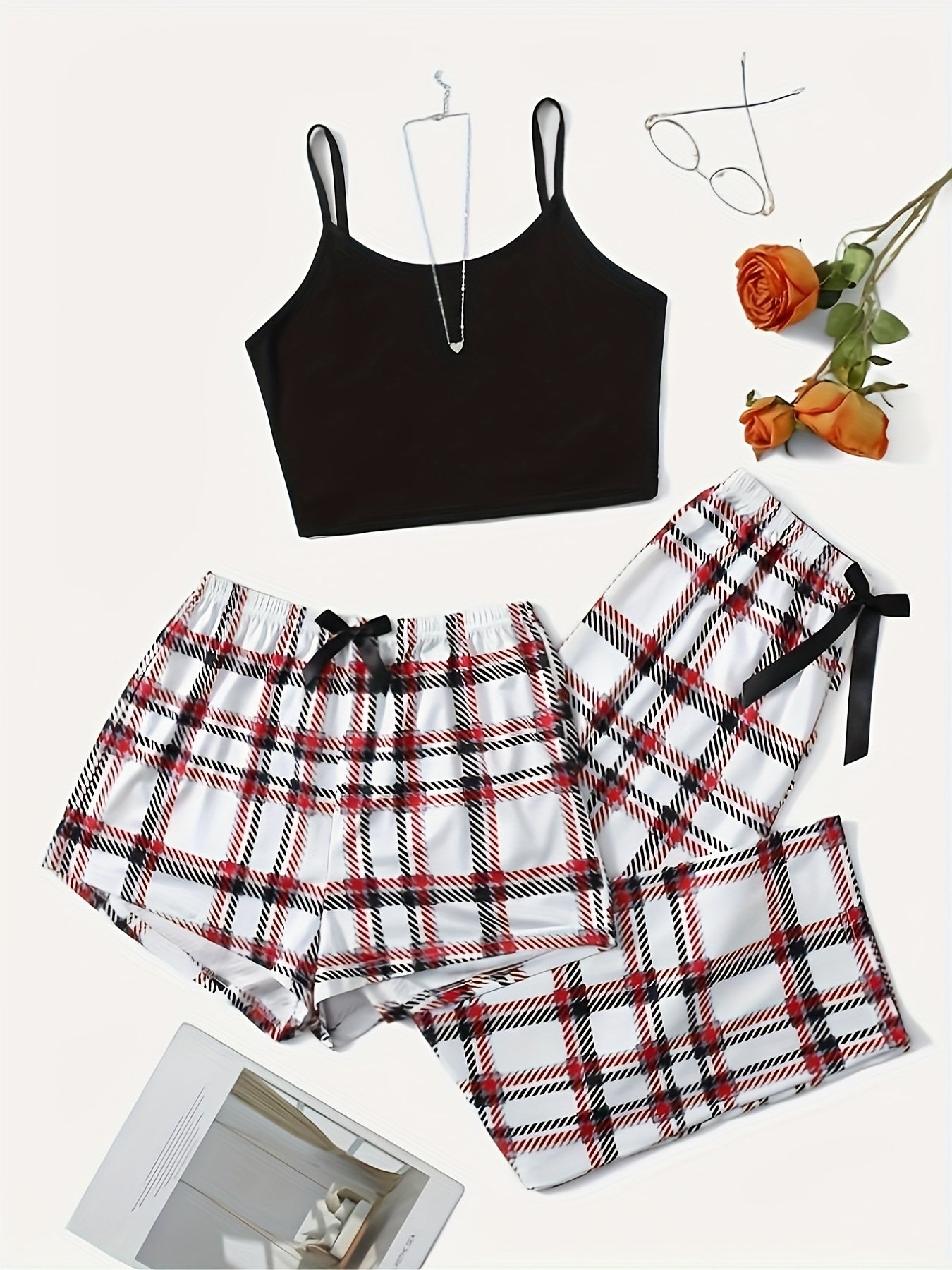 Plaid Print Lounge Set Cami Top & Shorts & Pants