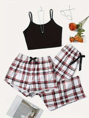 Plaid Print Lounge Set Cami Top & Shorts & Pants