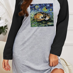 Cat Painting Raglan Long Sleeve Nightdress