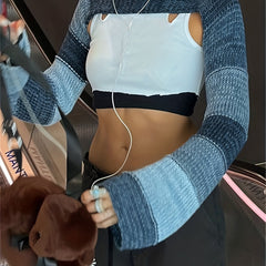Y2K Block Knit Sweater Sexy Cropped Long Sleeve Summer Sweater