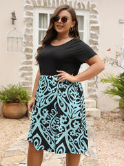 Colorblock Floral Print Short Sleeve Dress With Pockets