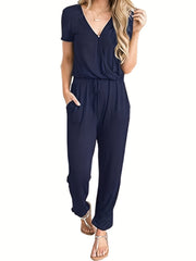 Solid V Neck Drawstring Waist Jumpsuit - Short Sleeve - Spring & Summer