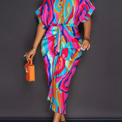 Abstract Print Polo Neck Shirt Dress With Pockets