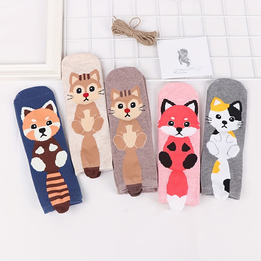 5 Pairs Girls Teens Animal Cat Fox Crew Socks Cotton Mid Tube Sports Socks