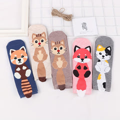 5 Pairs Girls Teens Animal Cat Fox Crew Socks Cotton Mid Tube Sports Socks