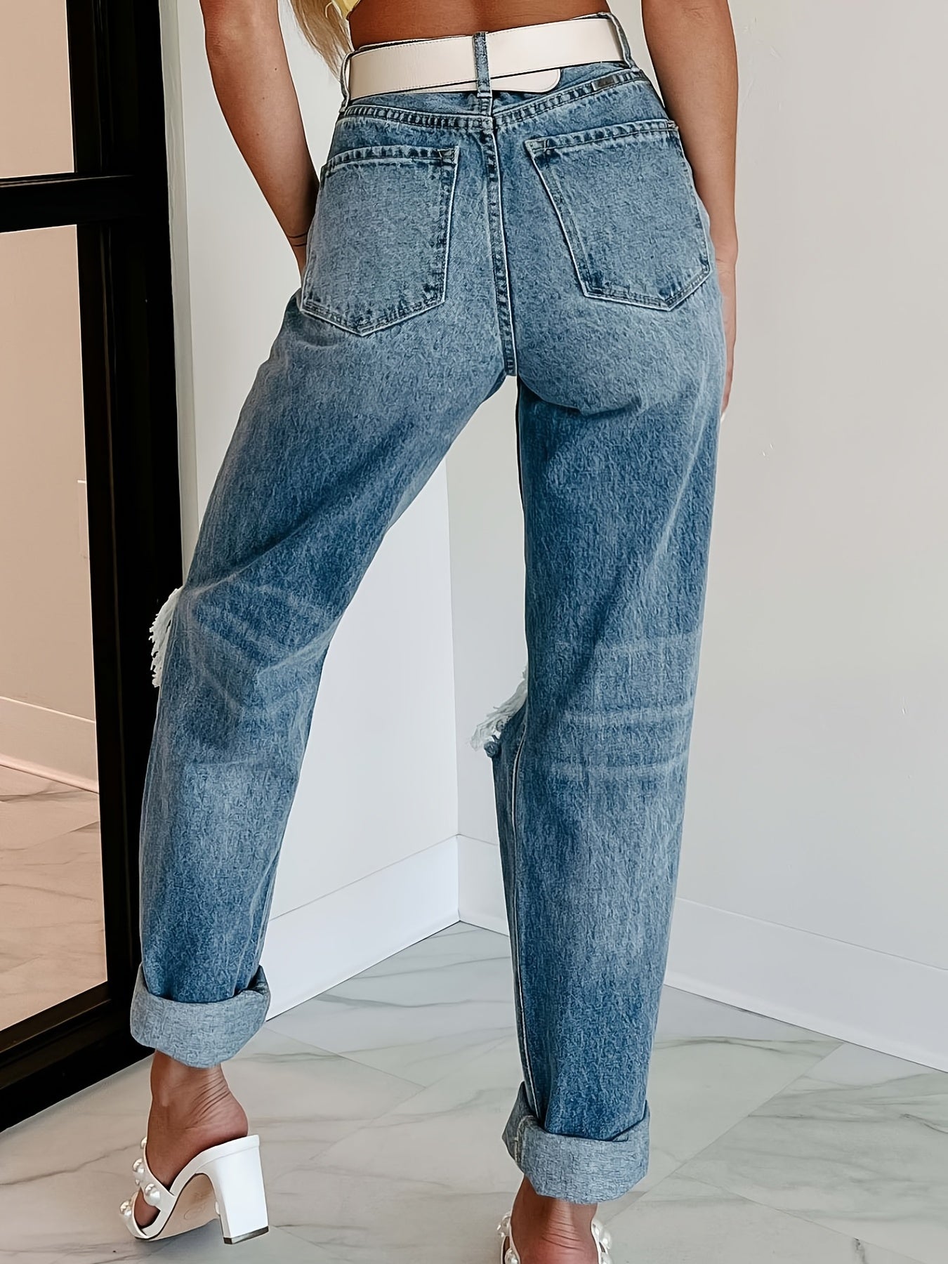 High Waist Ripped Holes Straight Jeans High Rise Non Stretch Pants