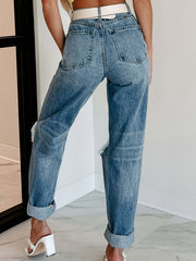 High Waist Ripped Holes Straight Jeans High Rise Non Stretch Pants