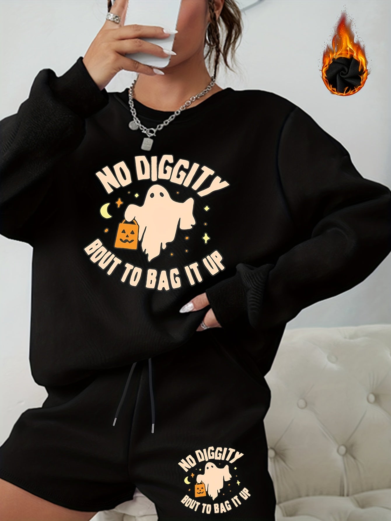 Women's Halloween Graphic Print Sweatshirt & Shorts Set