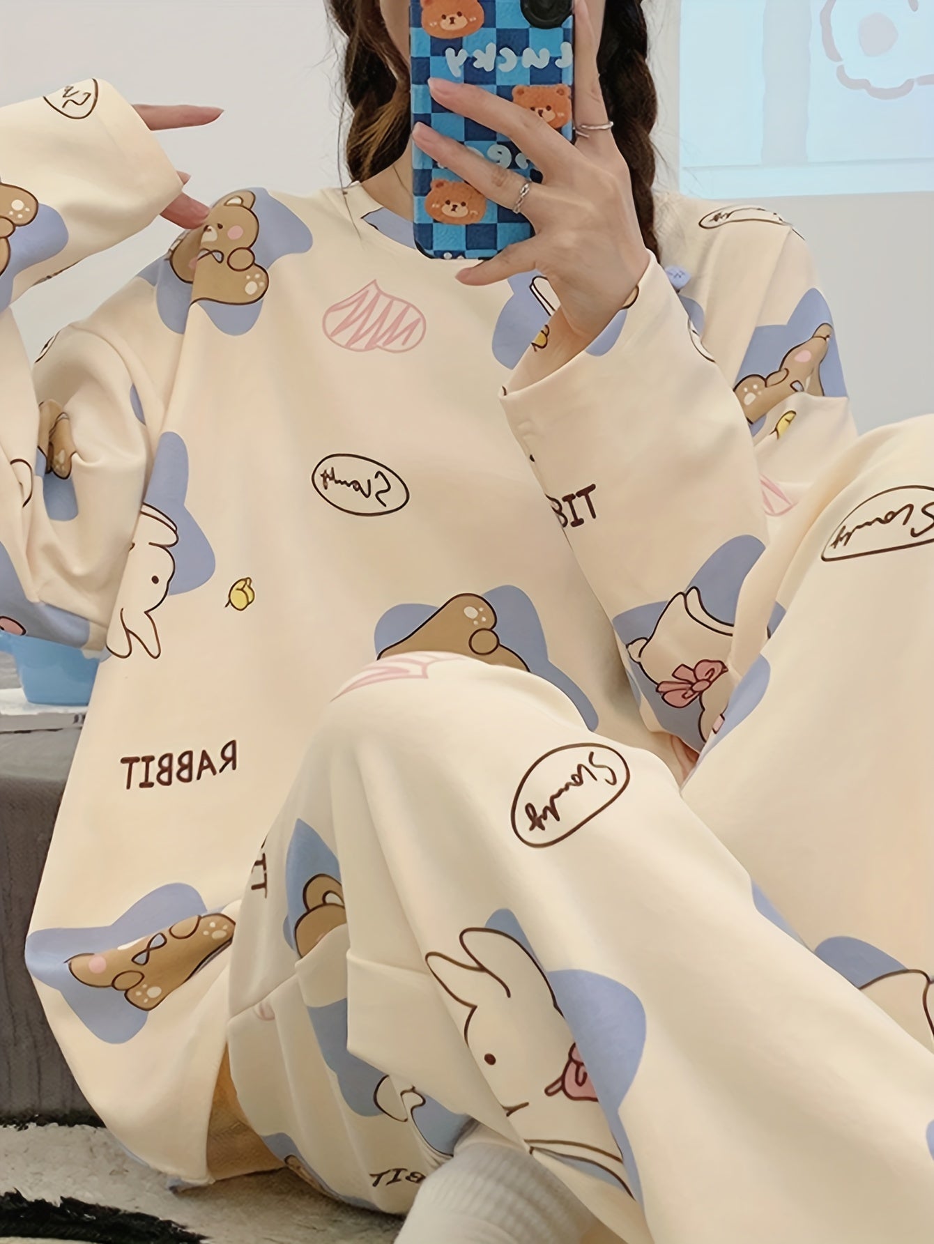 Bear Print Pajama Set Long Sleeve Crew Neck Top & Pants