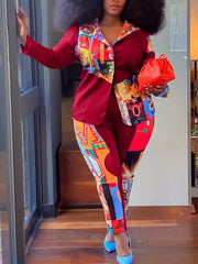 Graphic Print Long Sleeve Shirt & Pants Set