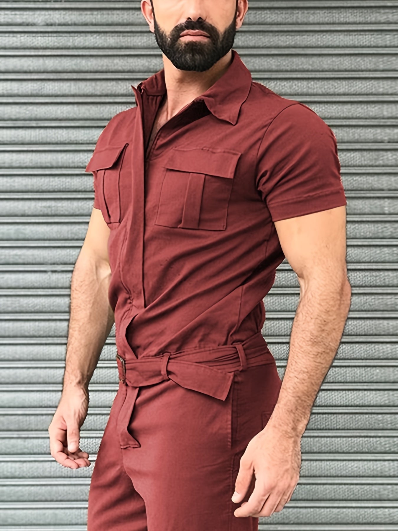 Men's Full Zip Overalls Streetwear Short Sleeve Jumpsuit