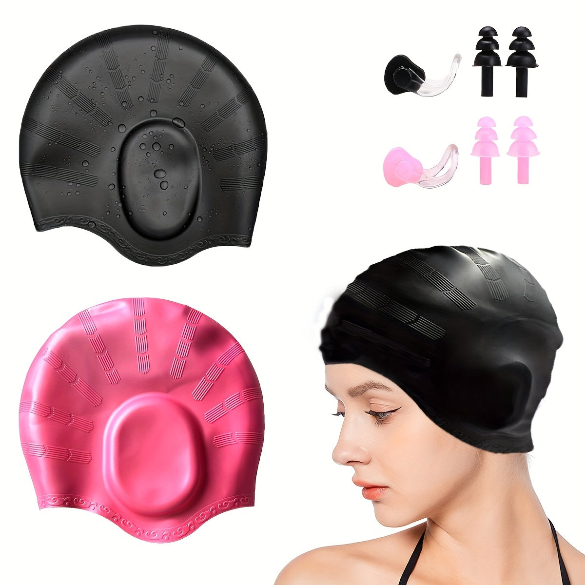 2pcs Waterproof Silicone Swimming Caps for Adults