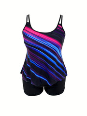 Modest Tankini Set Ombre Striped Top & Boyshorts Swimsuit