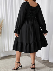 Solid Flounce Sleeve Round Neck Ruffle Trim Dress