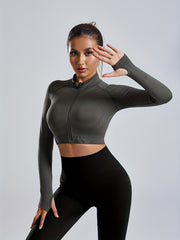 Full Zipper Running Jacket Long Sleeve Yoga Sports Crop Top With Thumb Holes