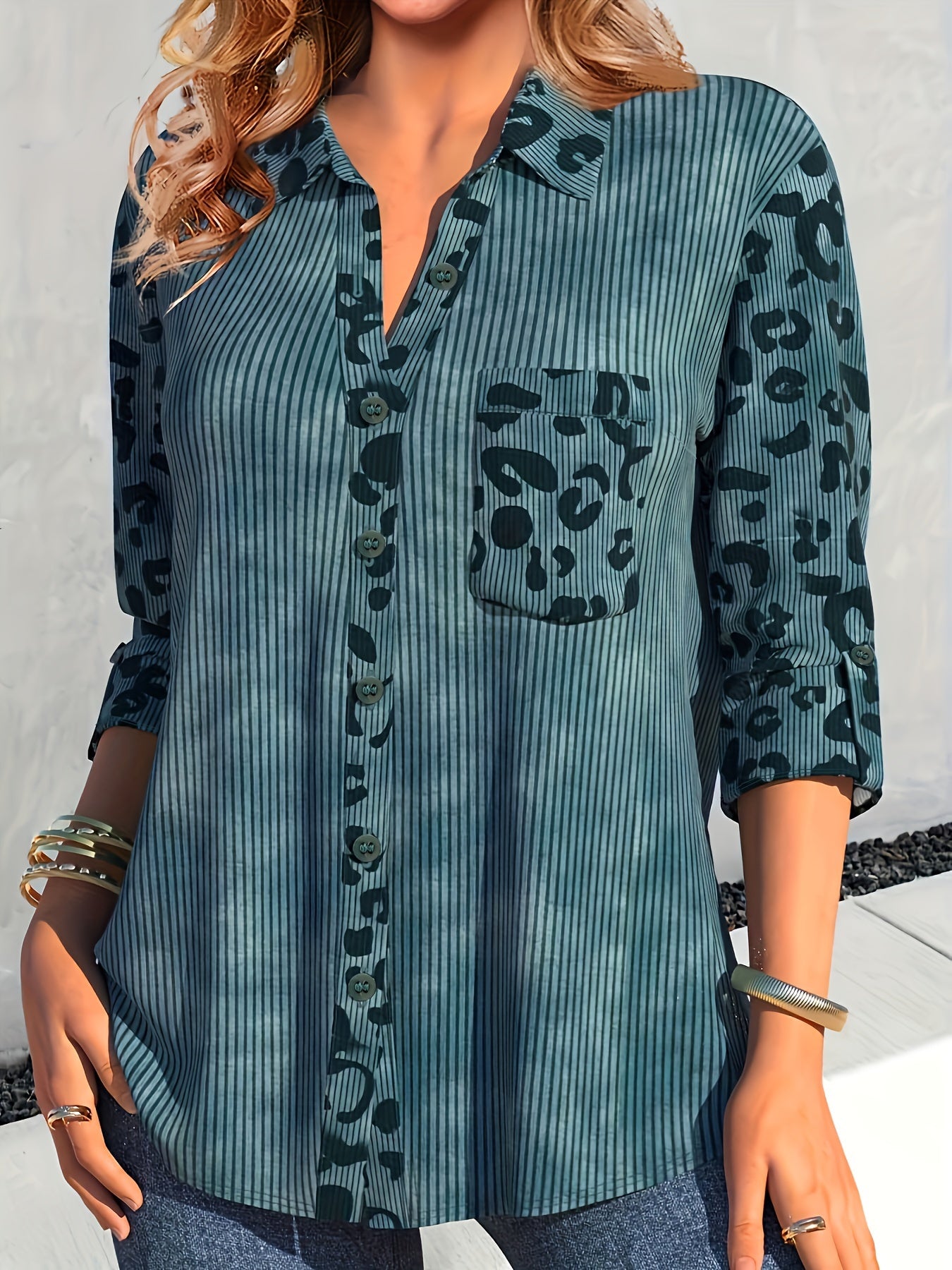Colorblock Leopard Print Ribbed Button Up Collar Shirt