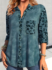Colorblock Leopard Print Ribbed Button Up Collar Shirt