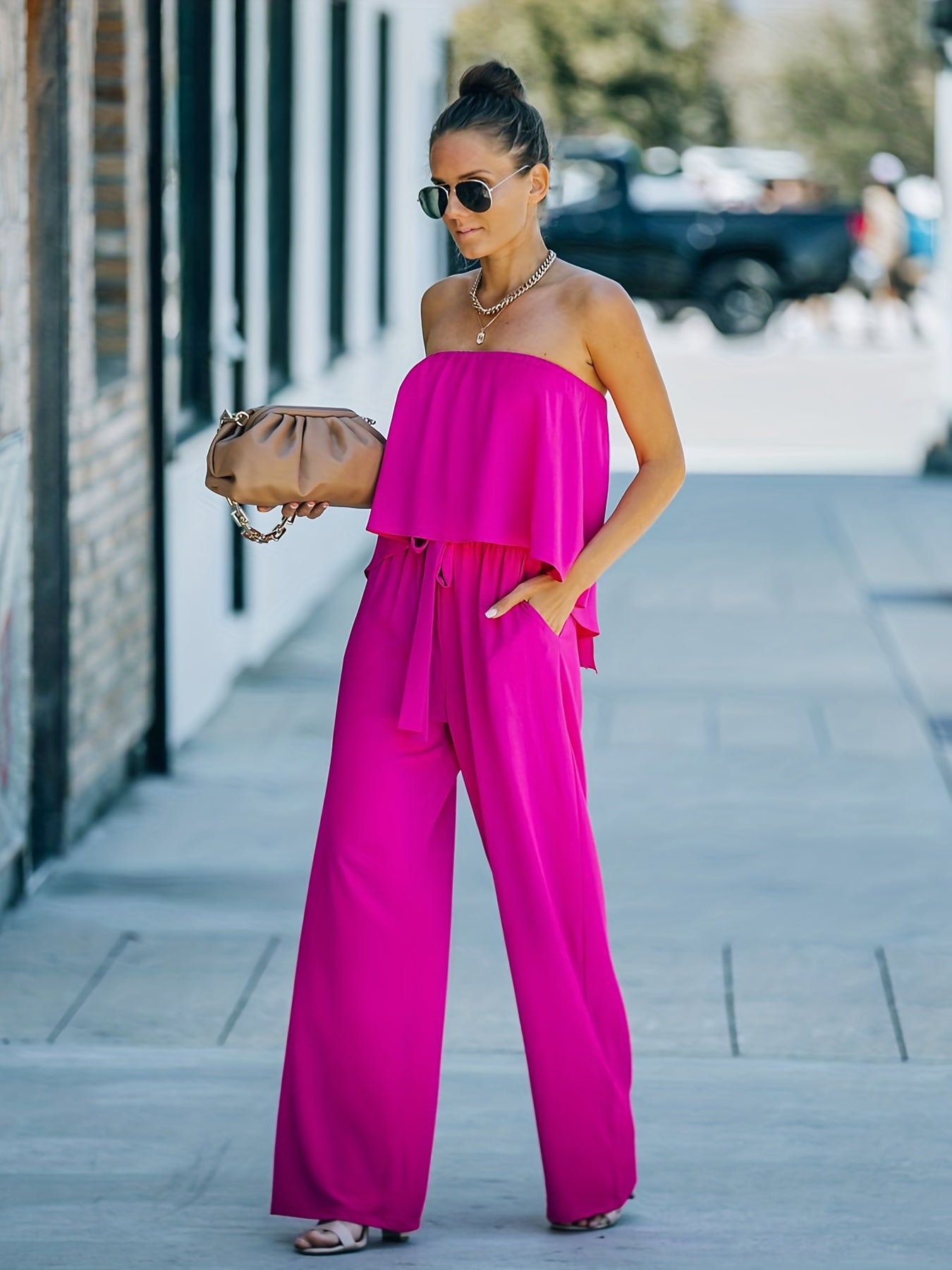 Off Shoulder Wide Leg Jumpsuit Solid Color