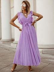 Ruffle Trim Pleated Dress Solid Surplice Neck Maxi Dress Women's Clothing