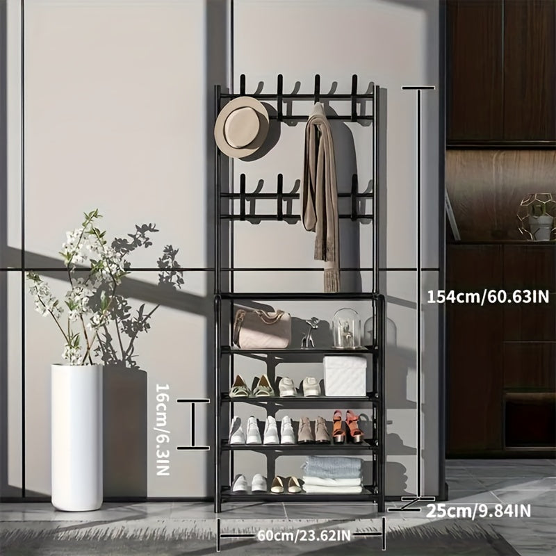 Metal Entrance Coat Rack Shoe Rack w/ 4 Storage Shelves & 8 Double Hooks