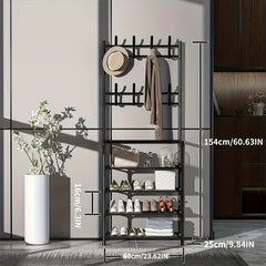 Metal Entrance Coat Rack Shoe Rack w/ 4 Storage Shelves & 8 Double Hooks