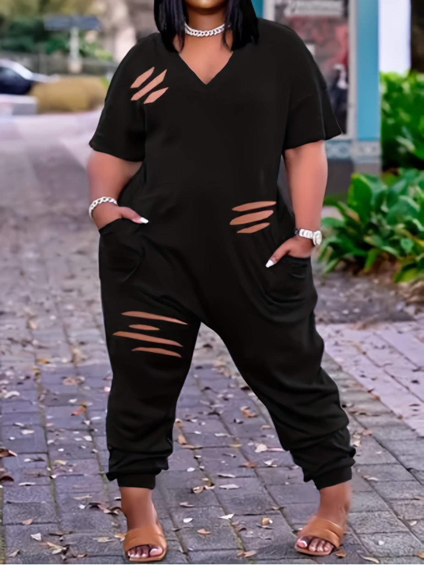 Women's Plus Solid Cut Out Short Sleeve V Neck Jumpsuit