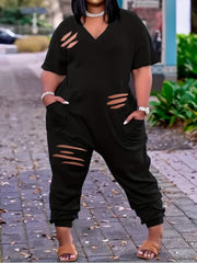 Women's Plus Solid Cut Out Short Sleeve V Neck Jumpsuit