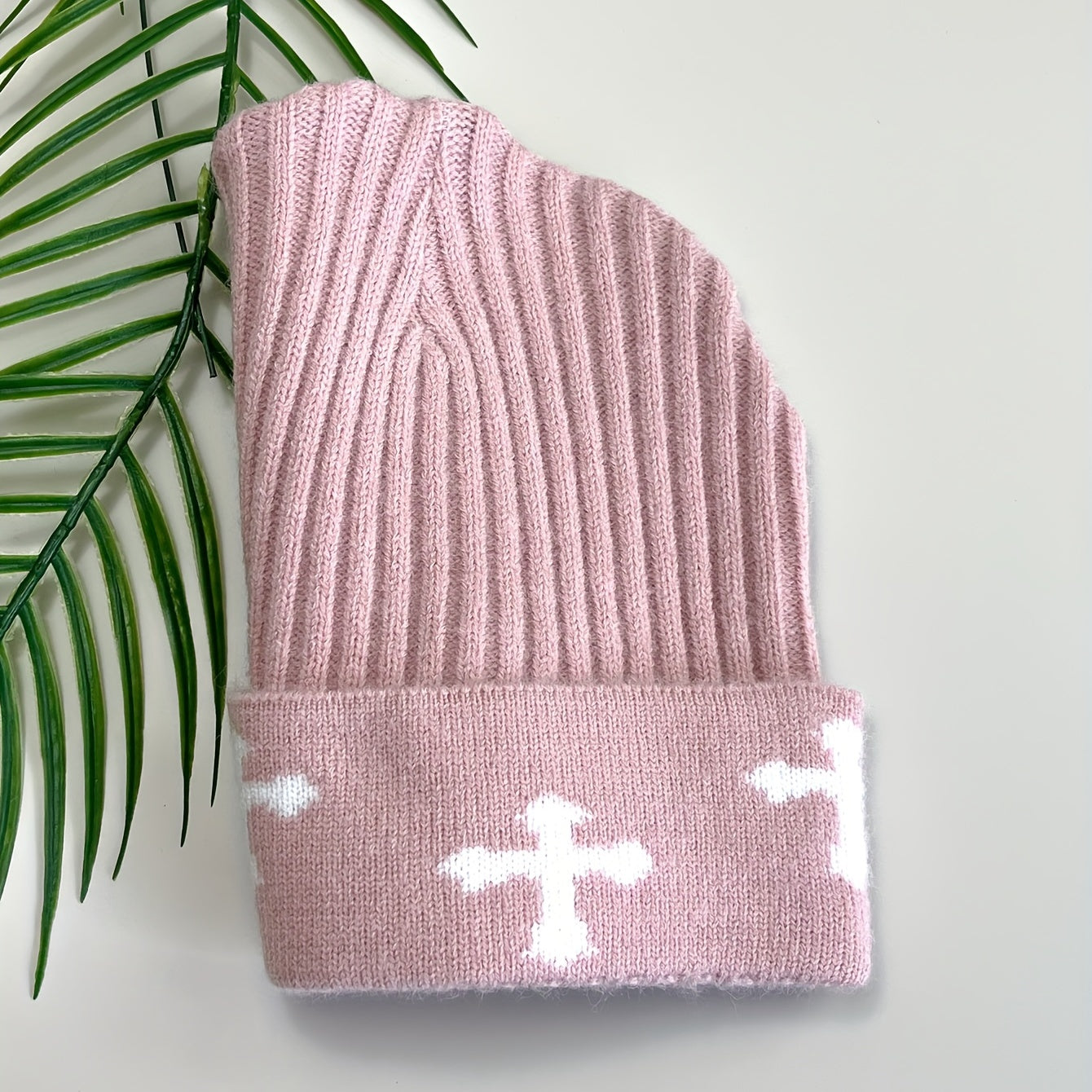 Pink Cross Jacquard Beanie Y2K Elastic Knit Hat