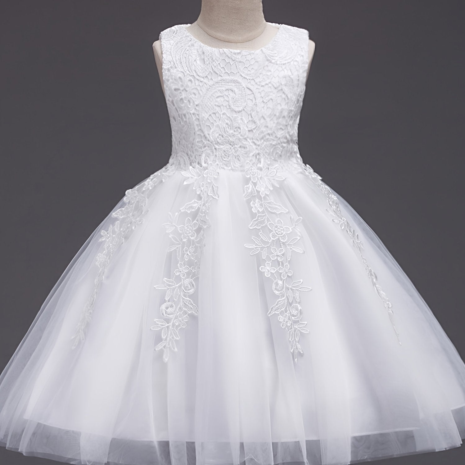 Girls Sleeveless Princess Tutu Dress Flowers Embroidery Tulle Performance Dress